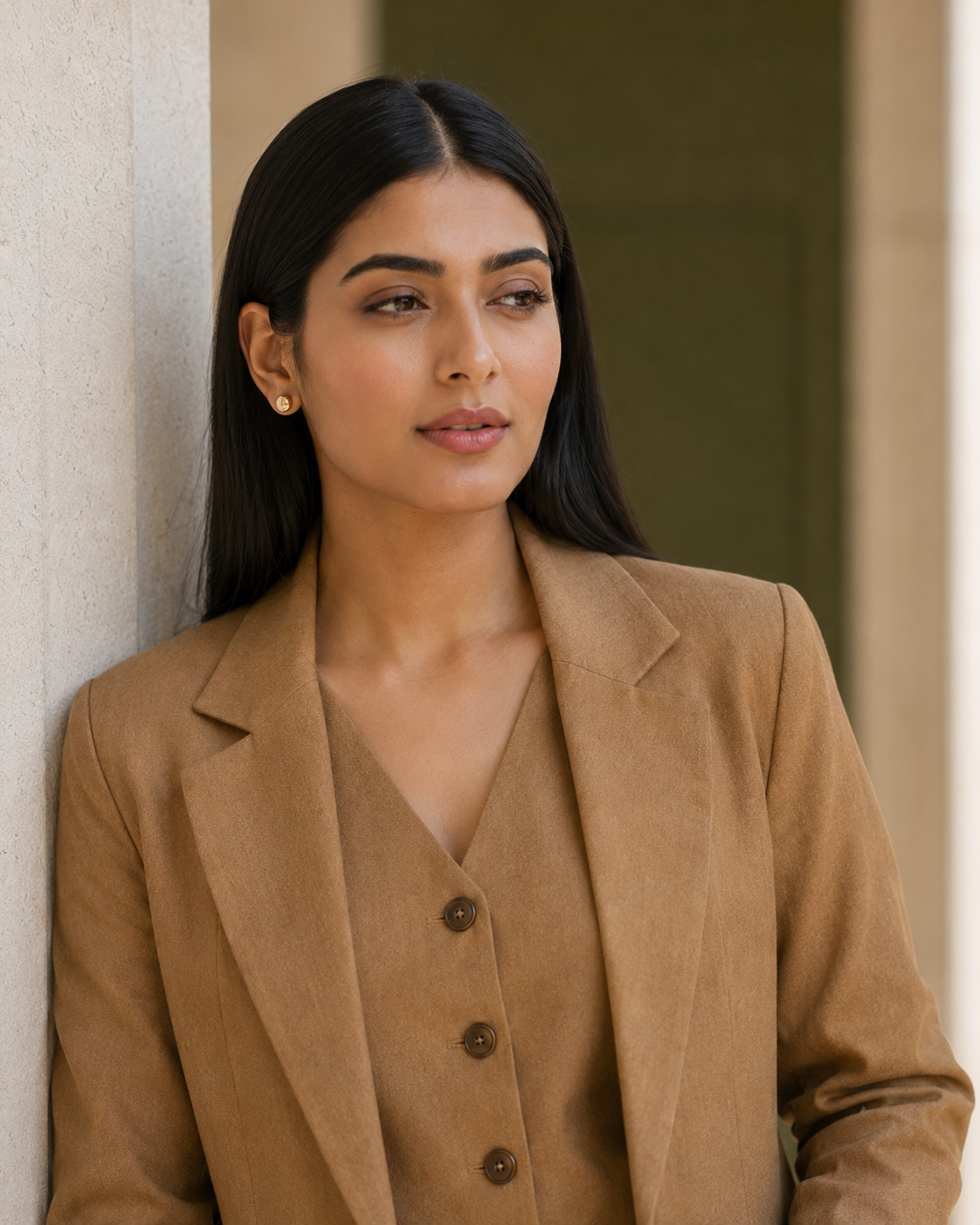 Three-piece Tailored Ensemble Blazer, Wasit Coat And Trouser - Camel