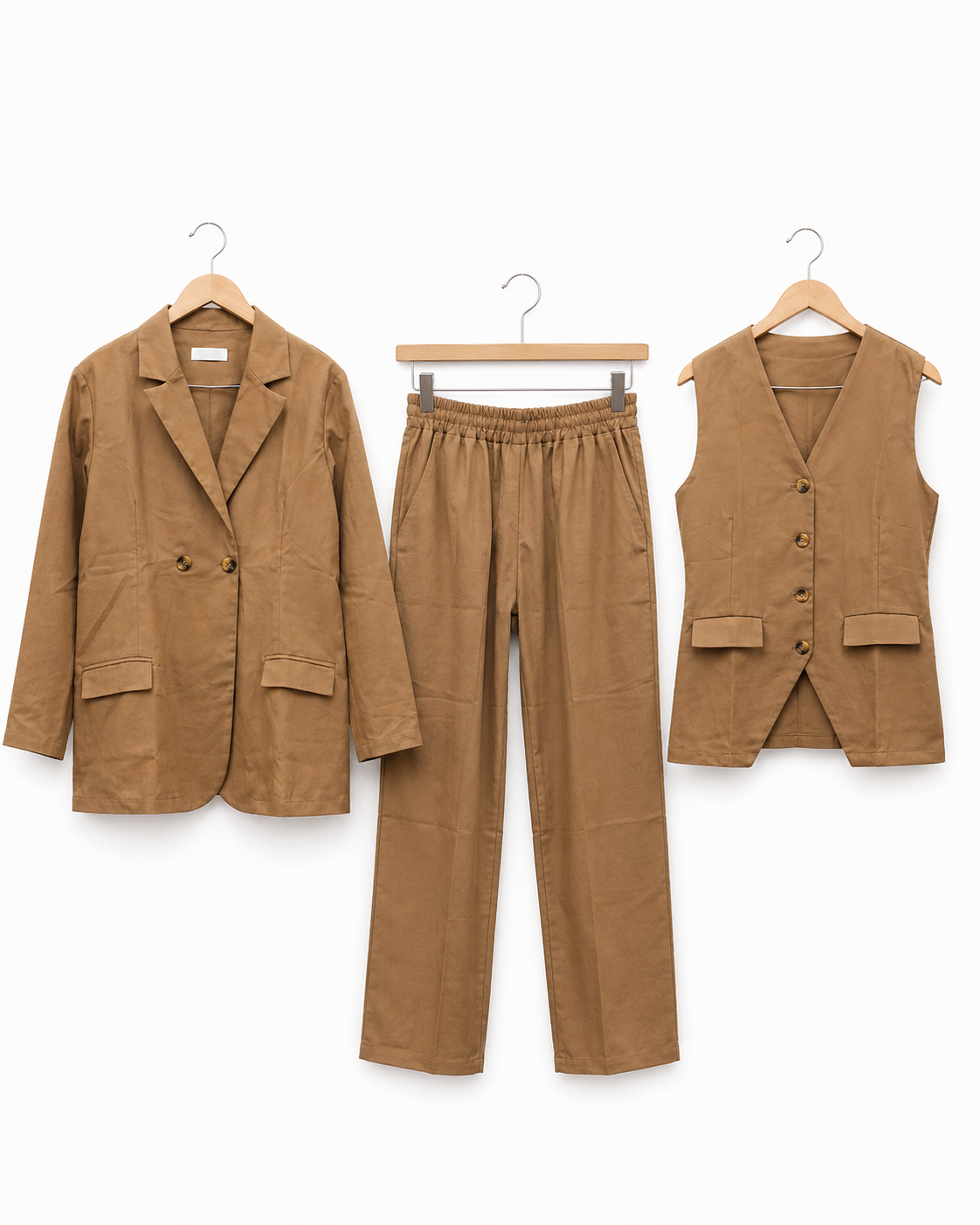 Three-piece Tailored Ensemble Blazer, Wasit Coat And Trouser - Camel