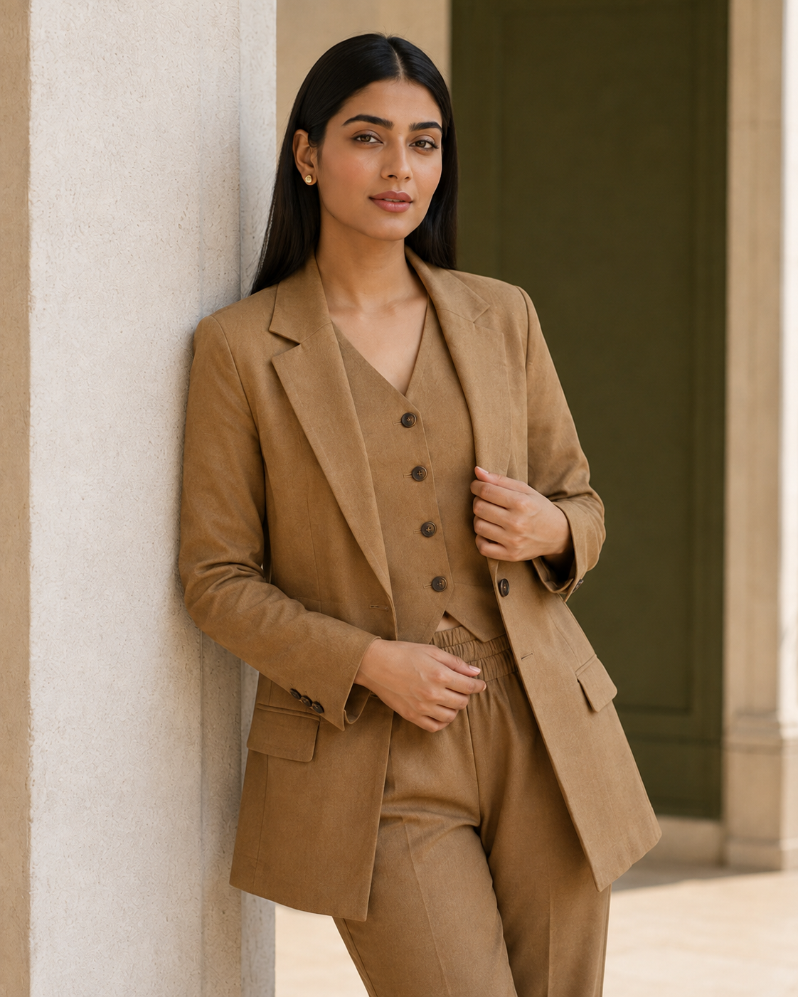 Three-piece Tailored Ensemble Blazer, Wasit Coat And Trouser - Camel