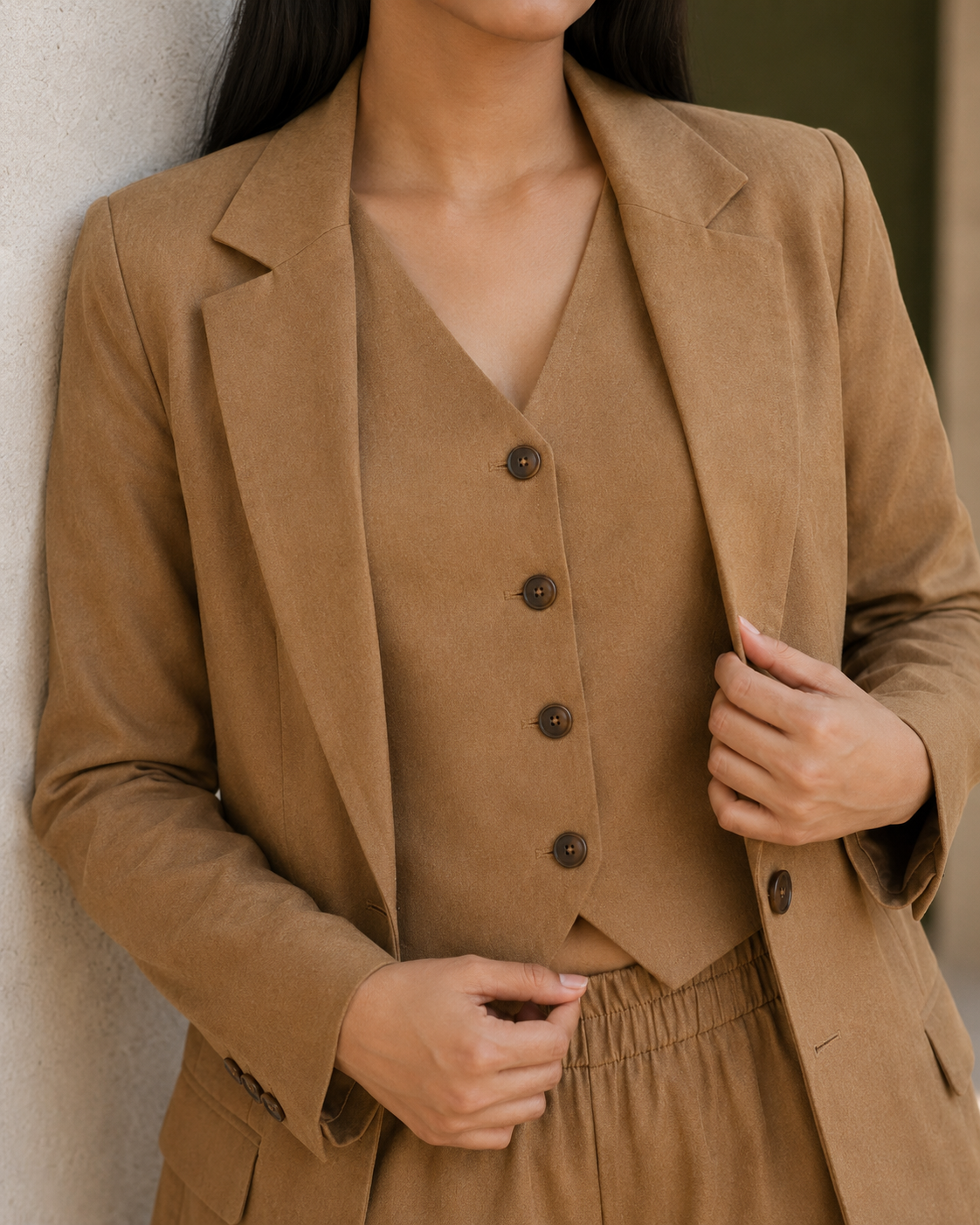 Three-piece Tailored Ensemble Blazer, Wasit Coat And Trouser - Camel