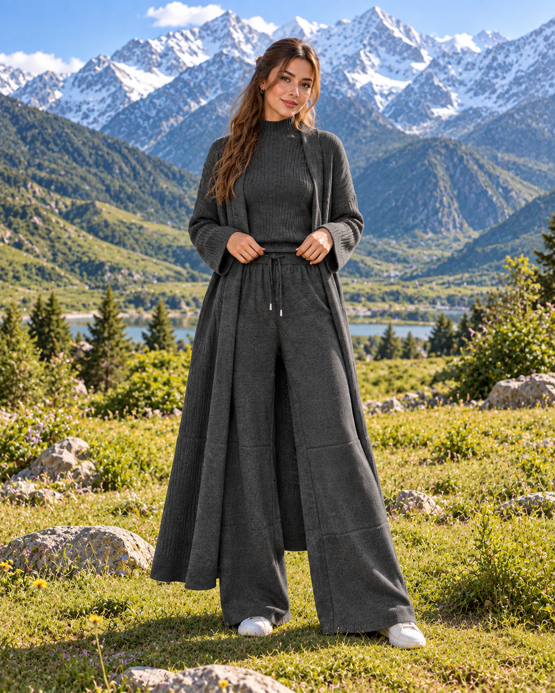 FW26 - Three-piece  Long Coat With Funnel Neck Inner & Trouser - Charcoal