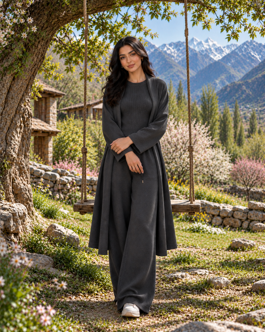 FW26 -Three-piece Long Coat  With Crew Neck Inner & Trouser - Charcoal