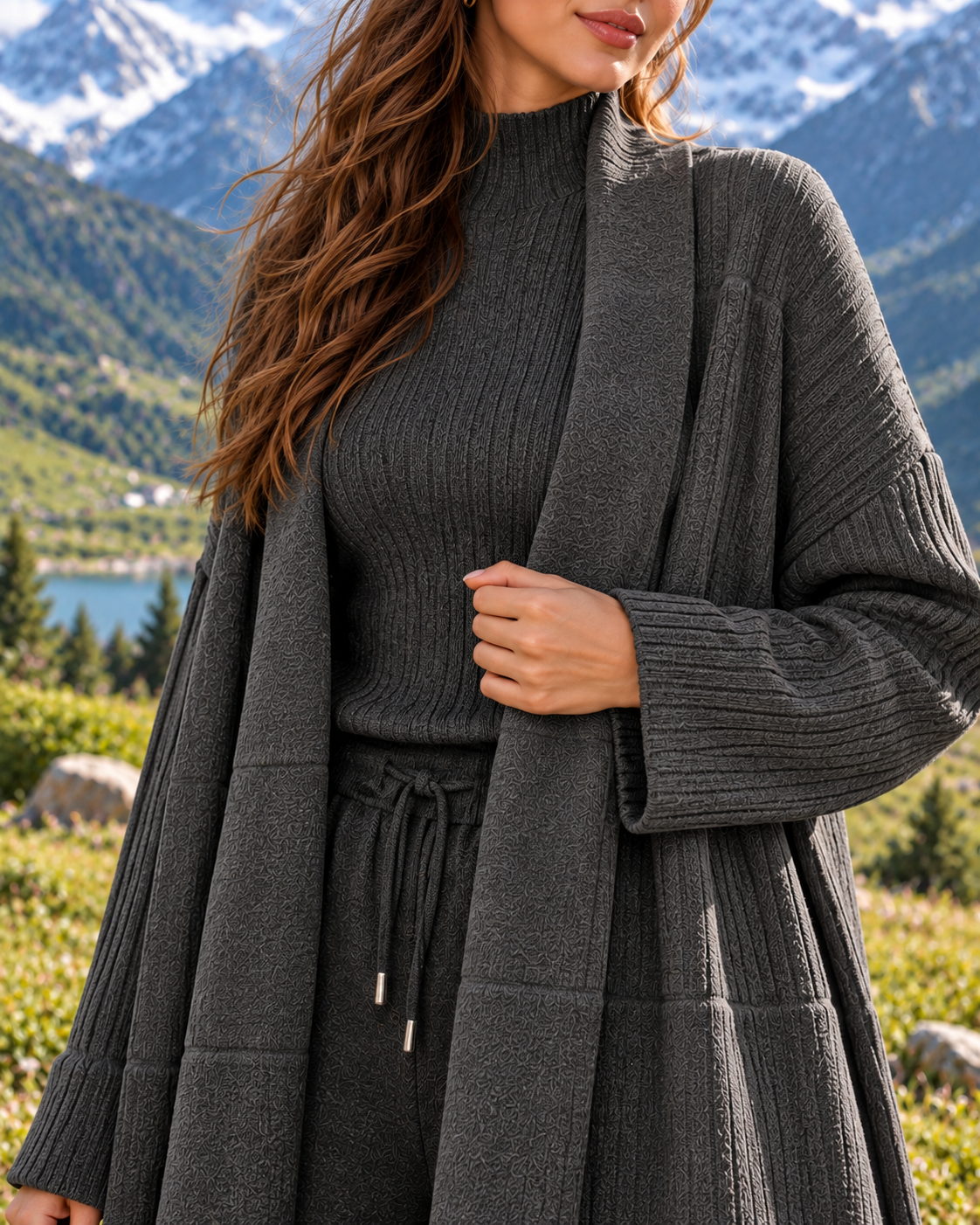 FW26 - Three-piece  Long Coat With Funnel Neck Inner & Trouser - Charcoal