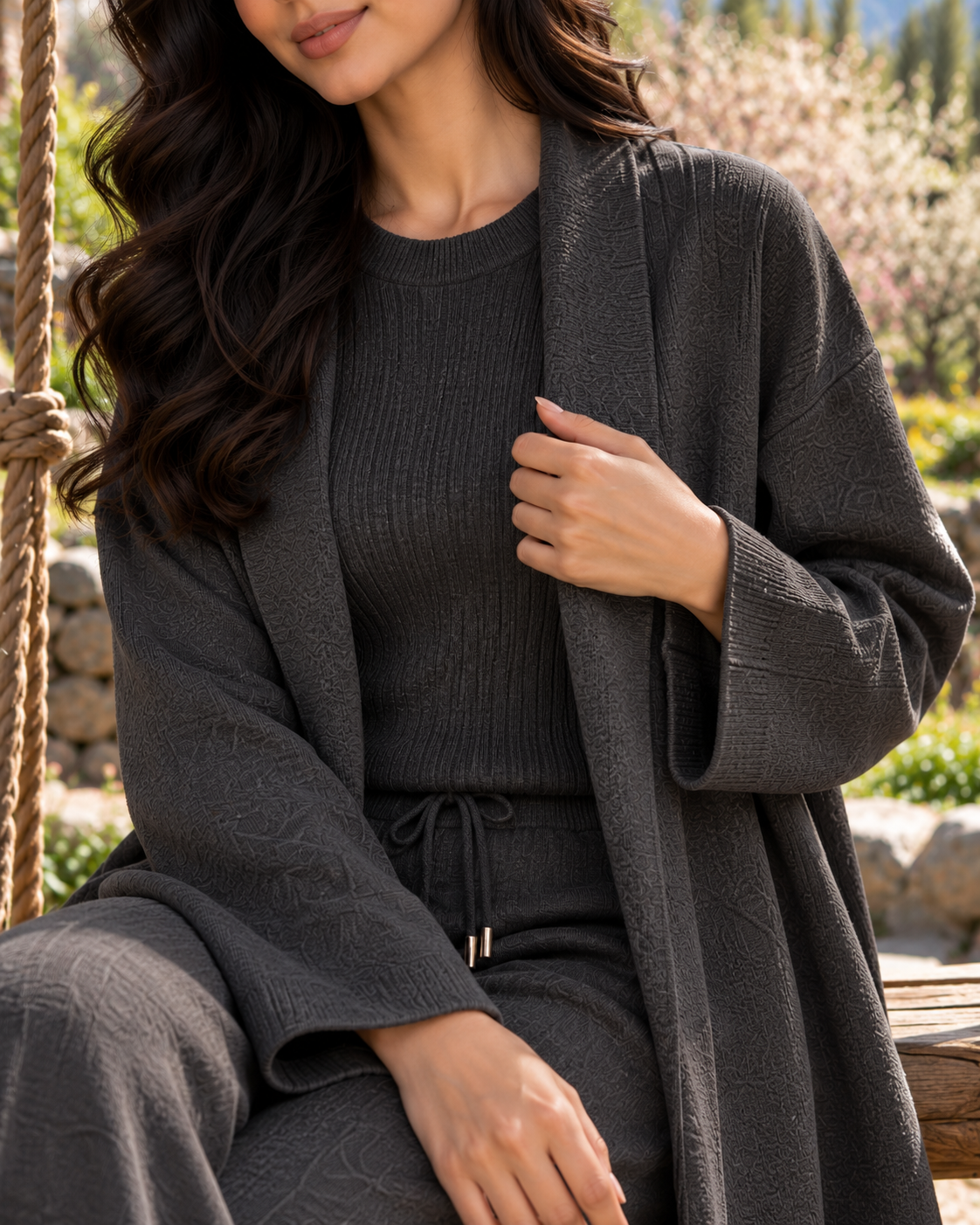 FW26 -Three-piece Long Coat  With Crew Neck Inner & Trouser - Charcoal