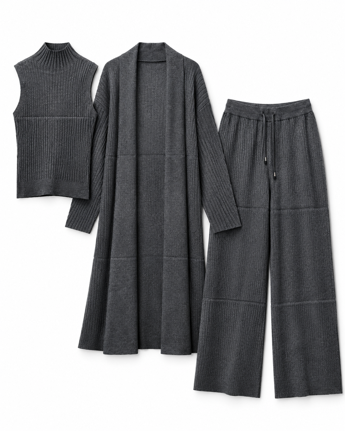 FW26 - Three-piece  Long Coat With Funnel Neck Inner & Trouser - Charcoal
