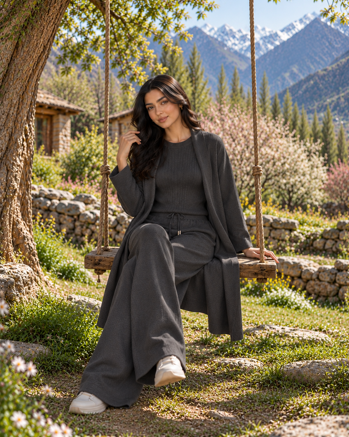 FW26 -Three-piece Long Coat  With Crew Neck Inner & Trouser - Charcoal