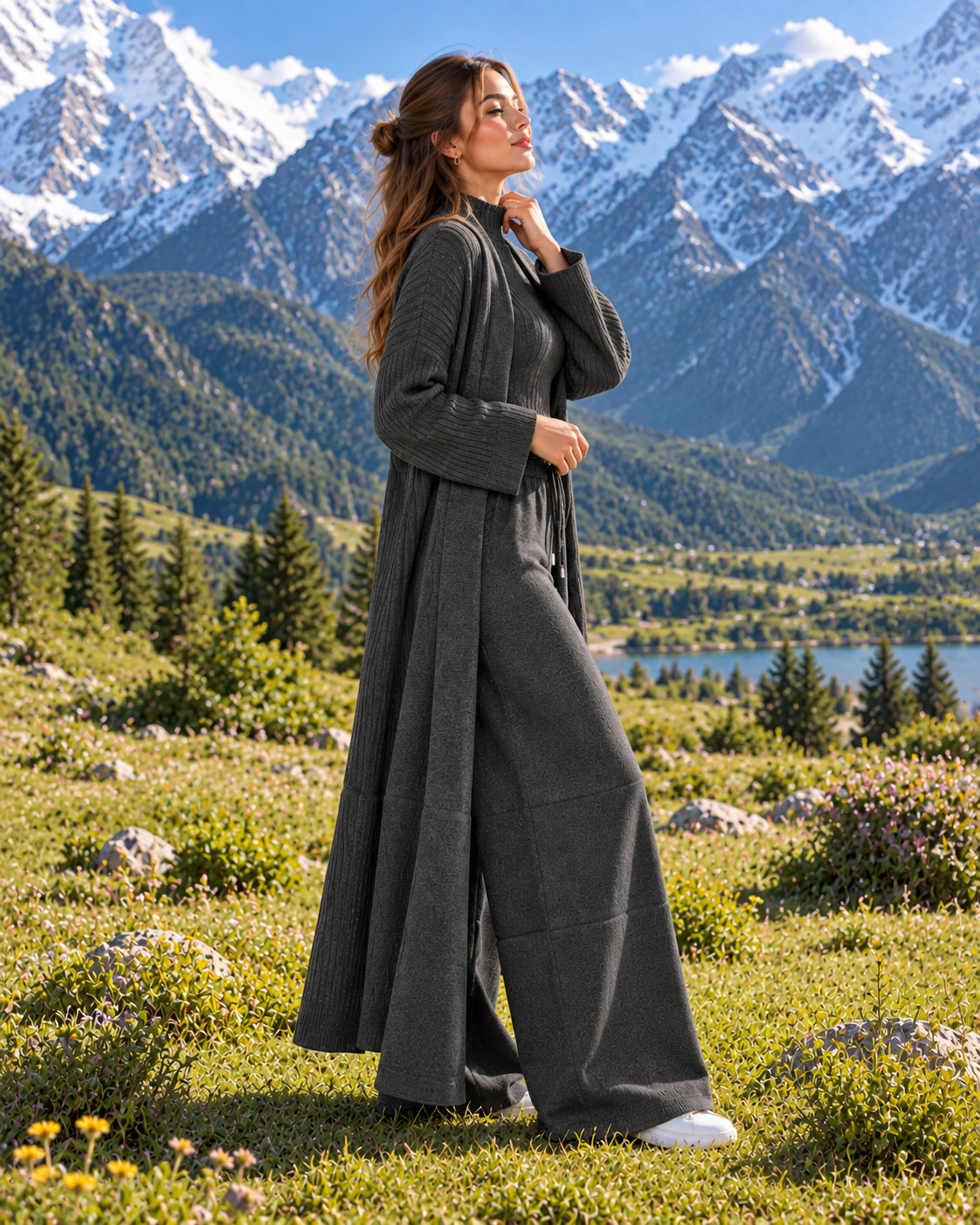 FW26 - Three-piece  Long Coat With Funnel Neck Inner & Trouser - Charcoal