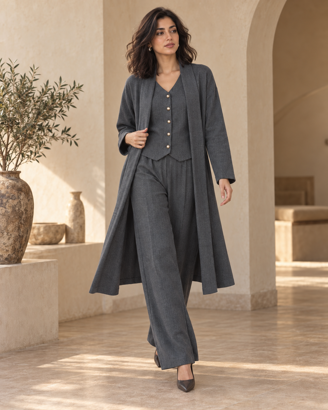 FW26 - Three-piece Vertical Line Coat, Waistcoat & Trouser - GREY