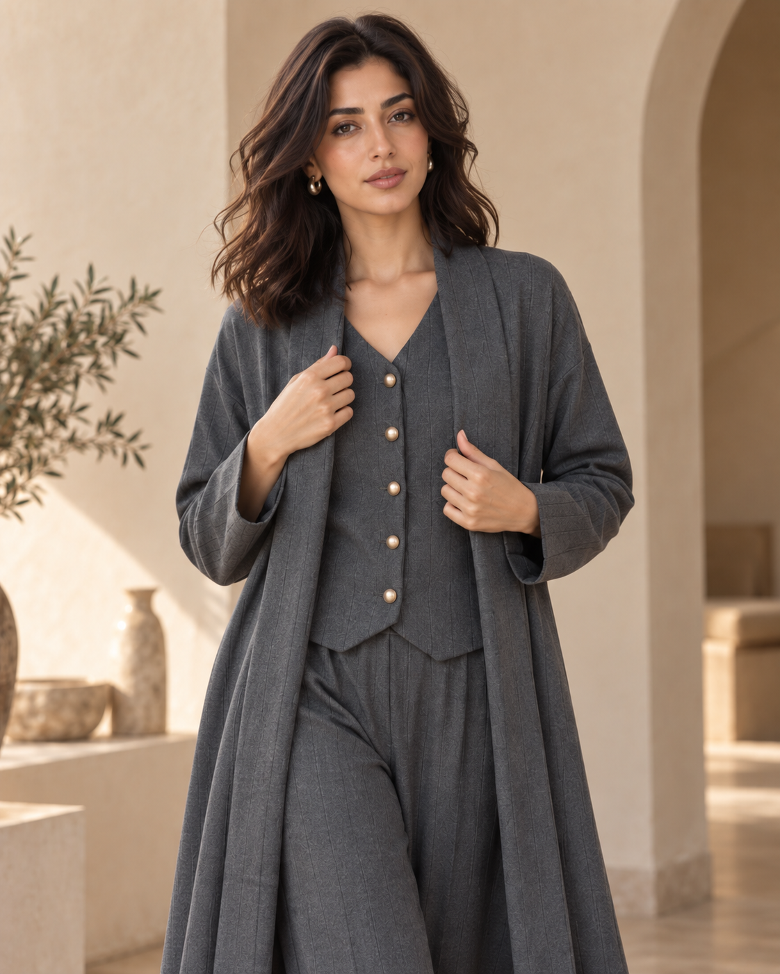 FW26 - Three-piece Vertical Line Coat, Waistcoat & Trouser - GREY