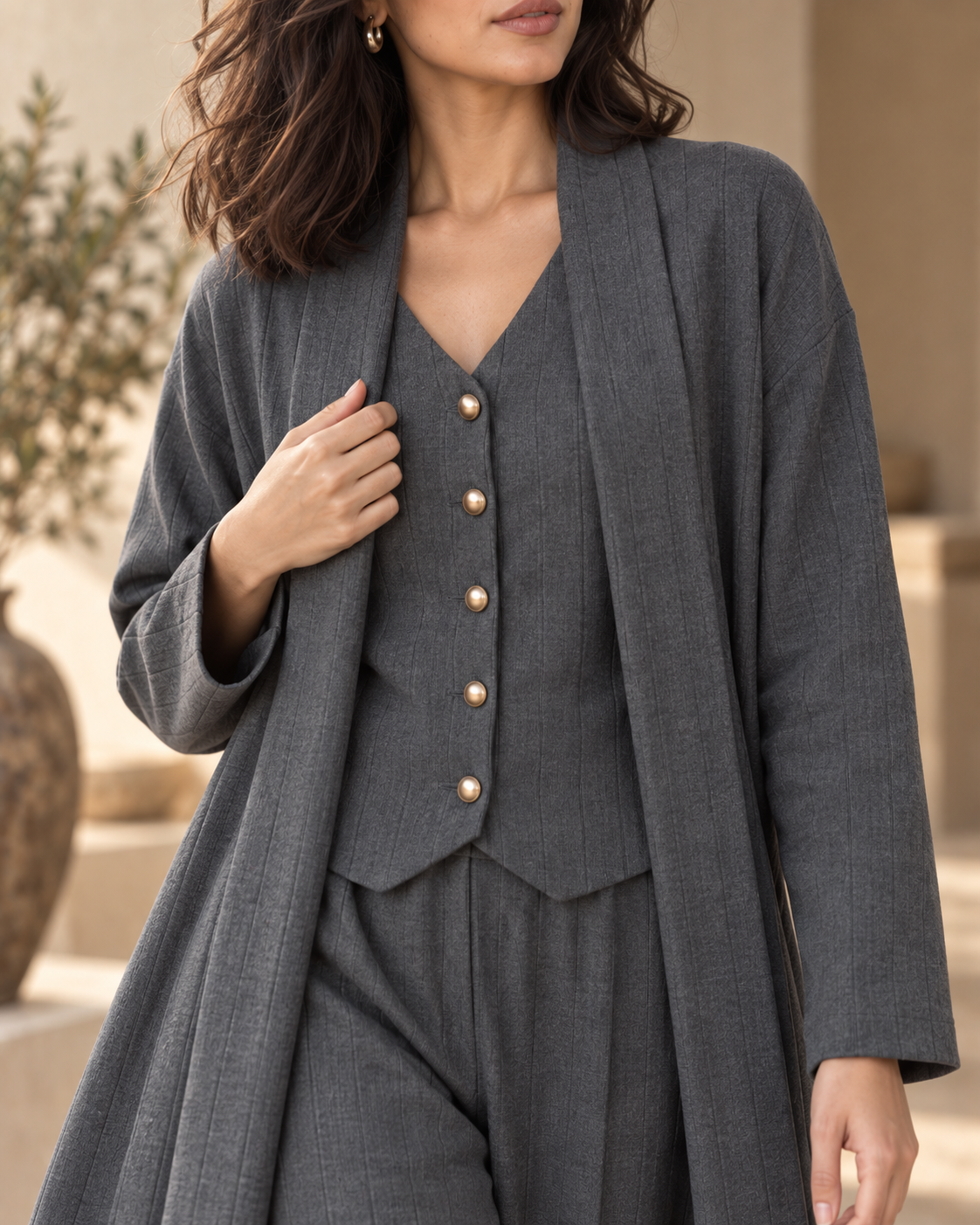 FW26 - Three-piece Vertical Line Coat, Waistcoat & Trouser - GREY