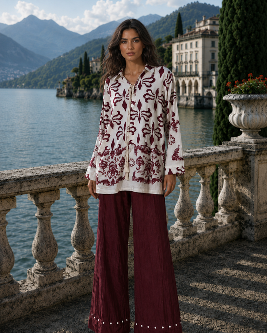Collar Printed Two-Piece Shirt And Trouser Maroon