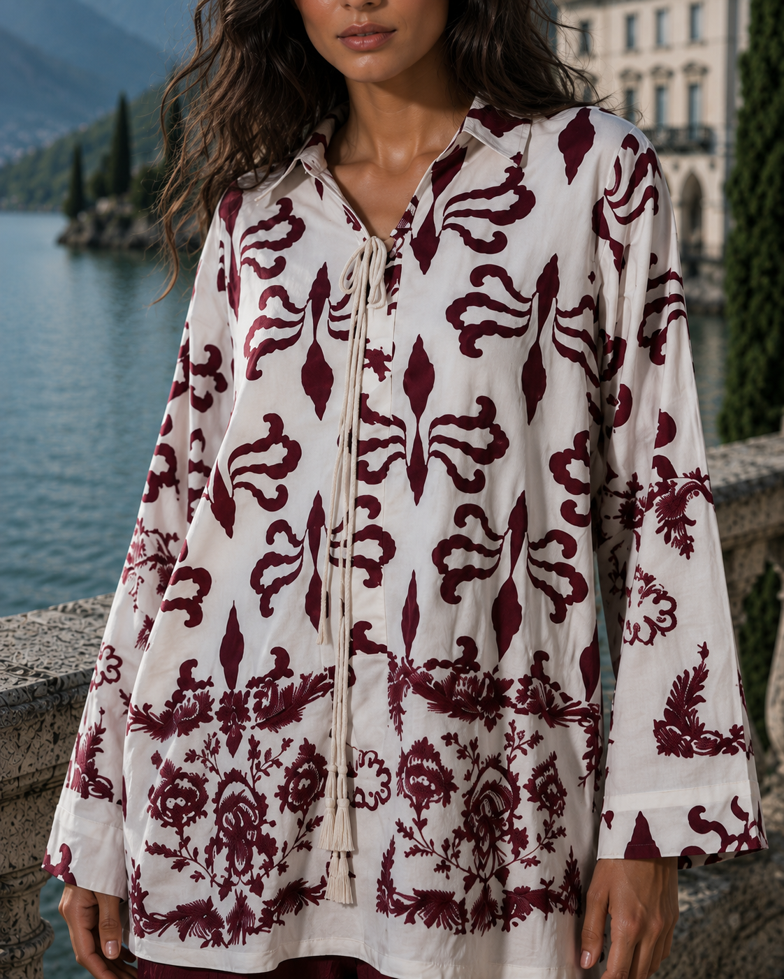 Collar Printed Two-Piece Shirt And Trouser Maroon