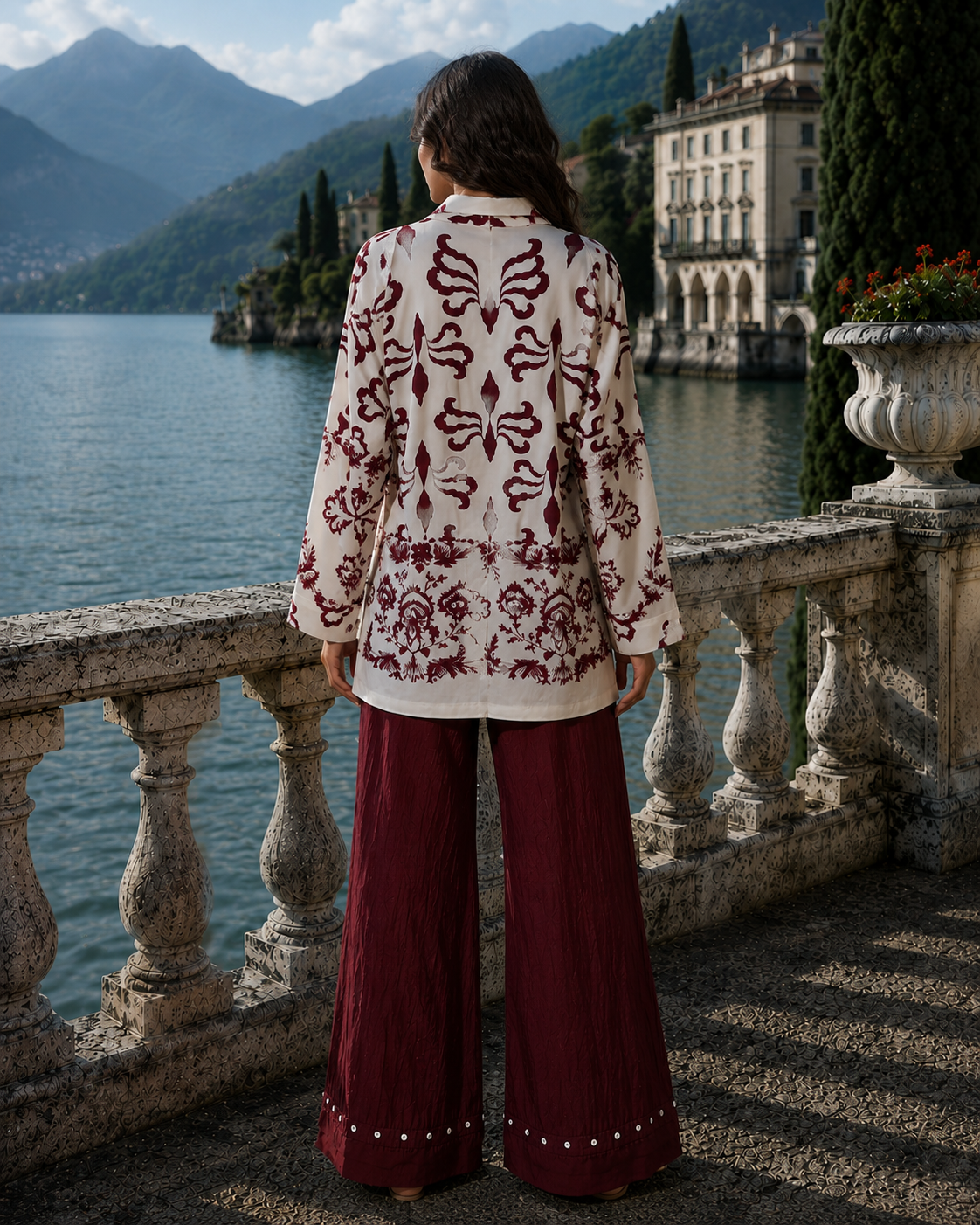 Collar Printed Two-Piece Shirt And Trouser Maroon