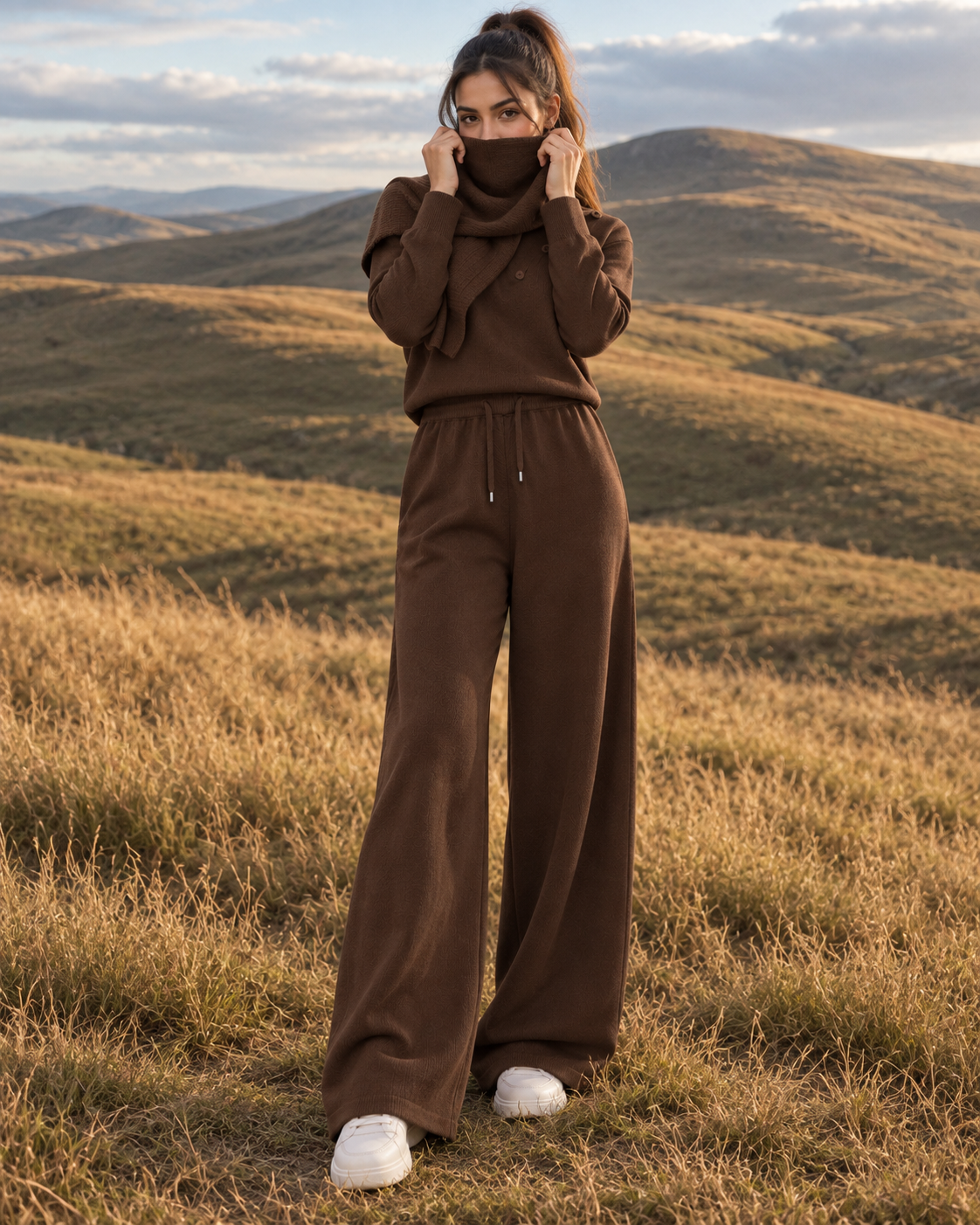FW26 - Two-Piece Sweater Suit With Attachable Scarf - Brown