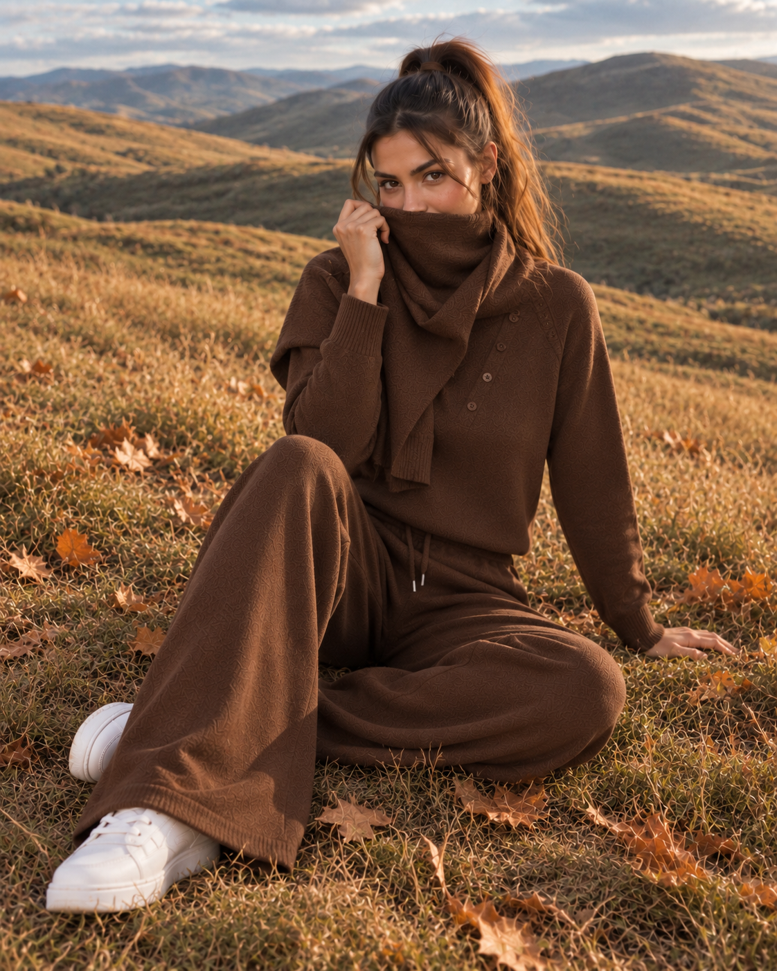 FW26 - Two-Piece Sweater Suit With Attachable Scarf - Brown