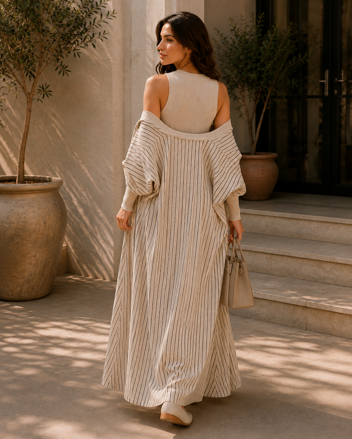 Two-piece Stripped Cape and Inner Set - Cream