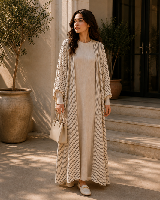 Two-piece Stripped Cape and Inner Set - Cream