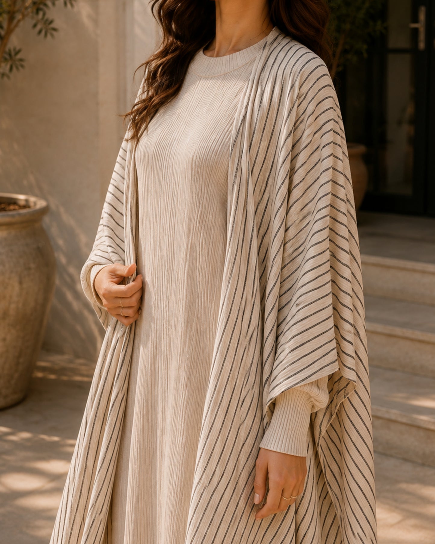Two-piece Stripped Cape and Inner Set - Cream