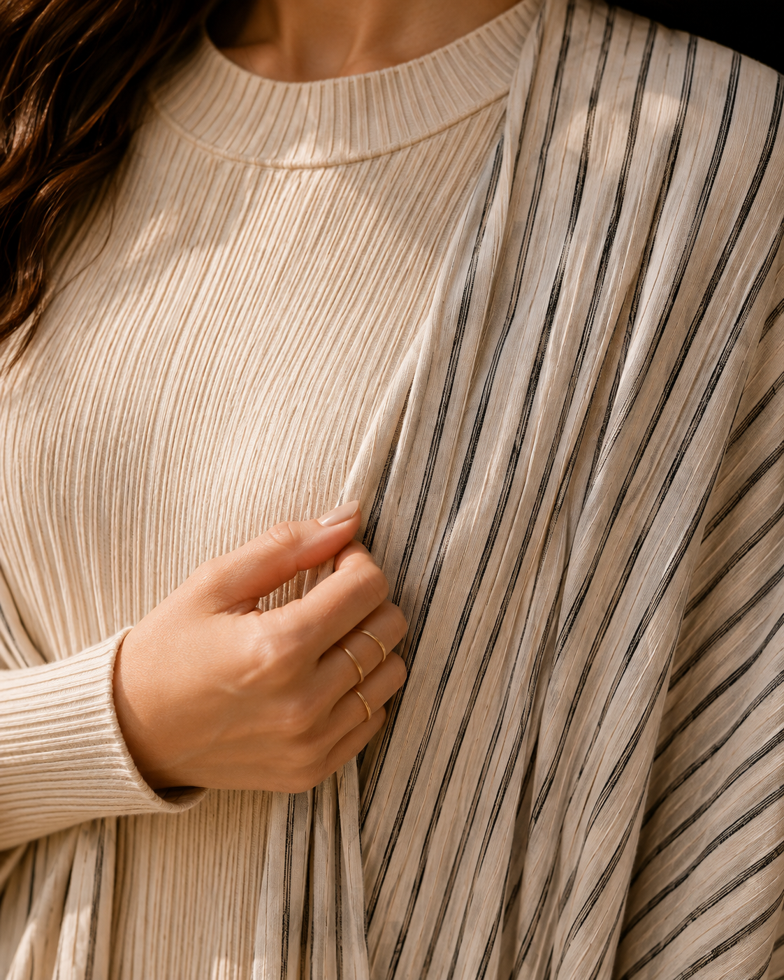 Two-piece Stripped Cape and Inner Set - Cream