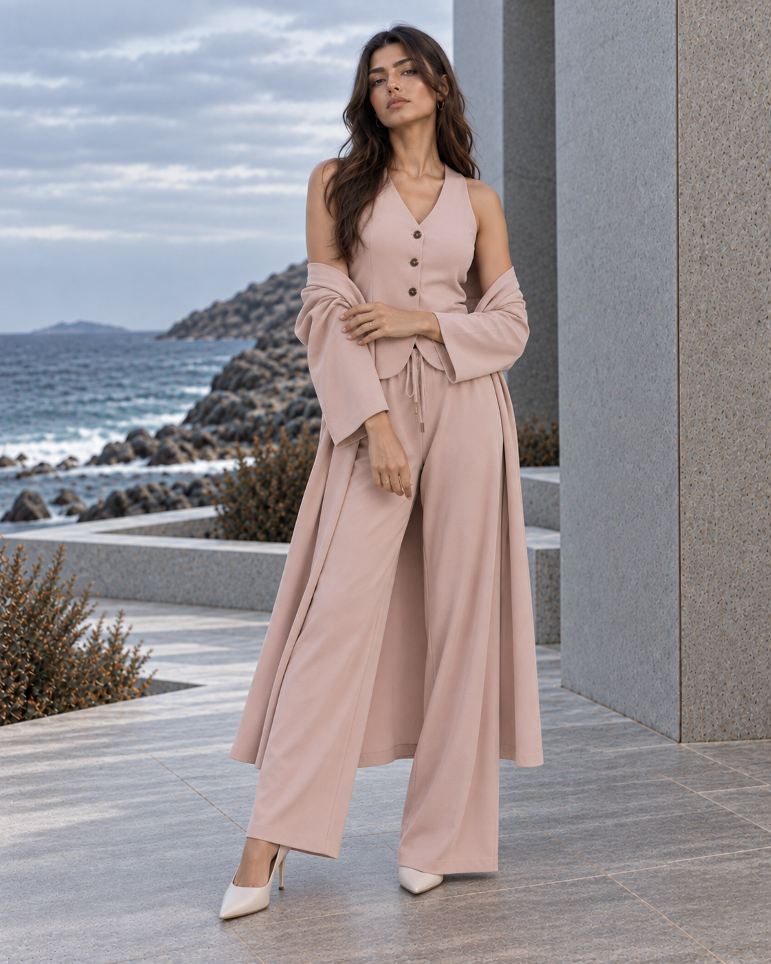 FW26 -Three-piece  Vest, Trousers & Long Coat Set - Dusty Pink