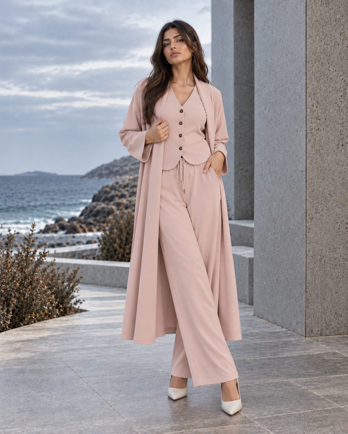 FW26 -Three-piece  Vest, Trousers & Long Coat Set - Dusty Pink