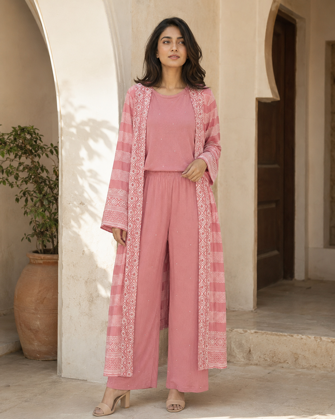 Three-piece -Embellished Shirt, Trouser And Cardigan Set - Dusty Rose