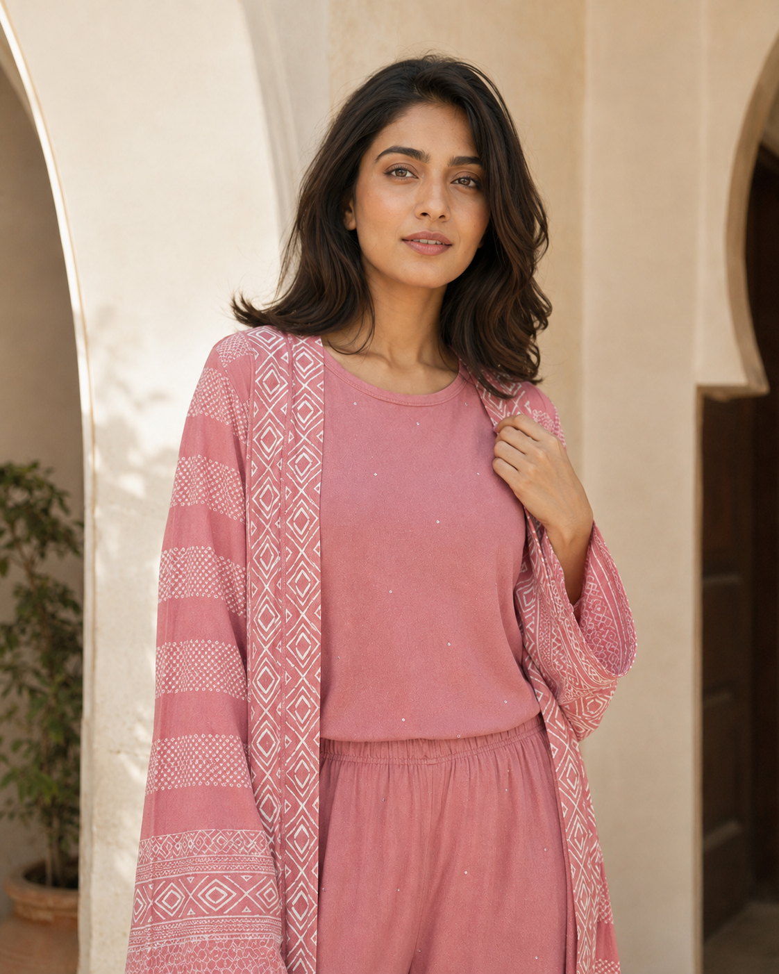 Three-piece -Embellished Shirt, Trouser And Cardigan Set - Dusty Rose