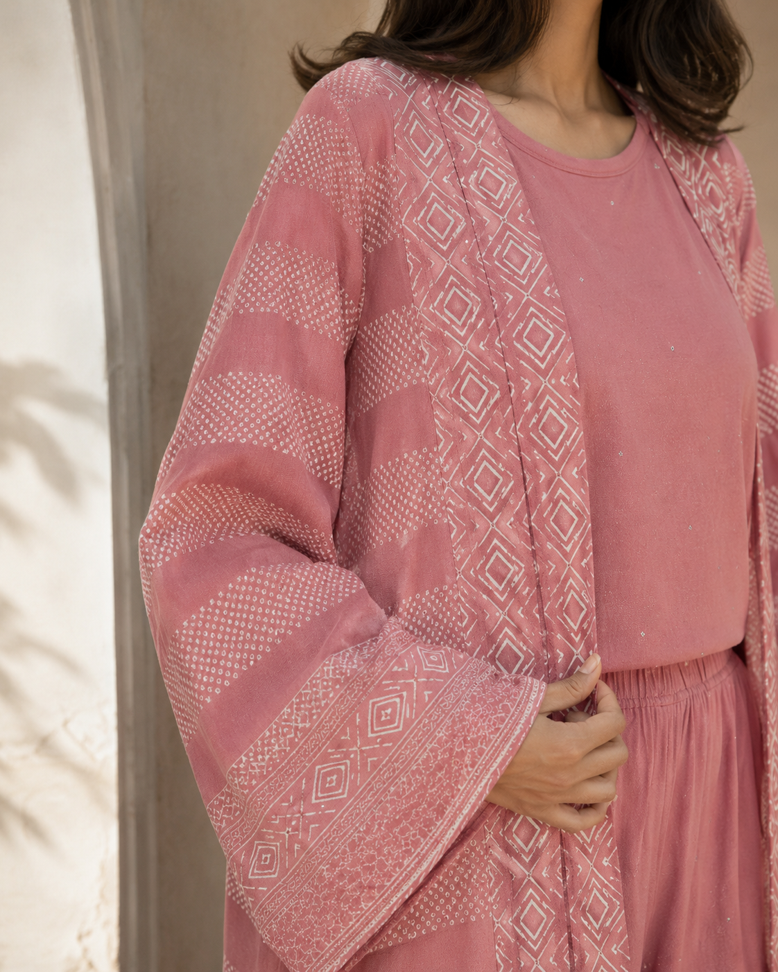 Three-piece -Embellished Shirt, Trouser And Cardigan Set - Dusty Rose