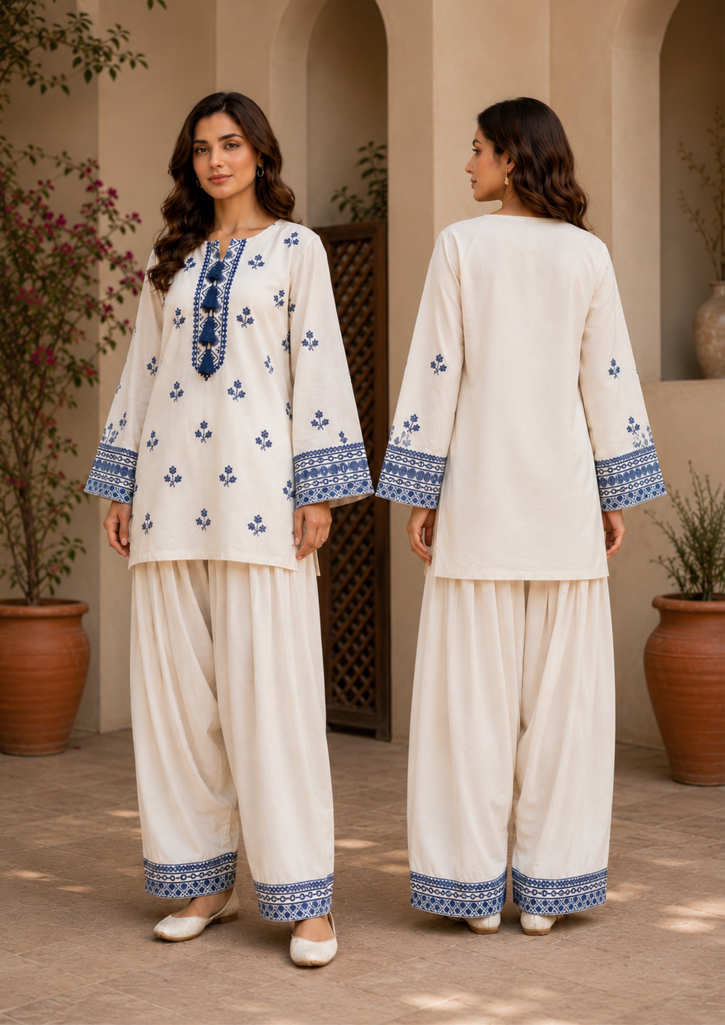 Off-White Floral Embroidered Georgette Co-Ord Set