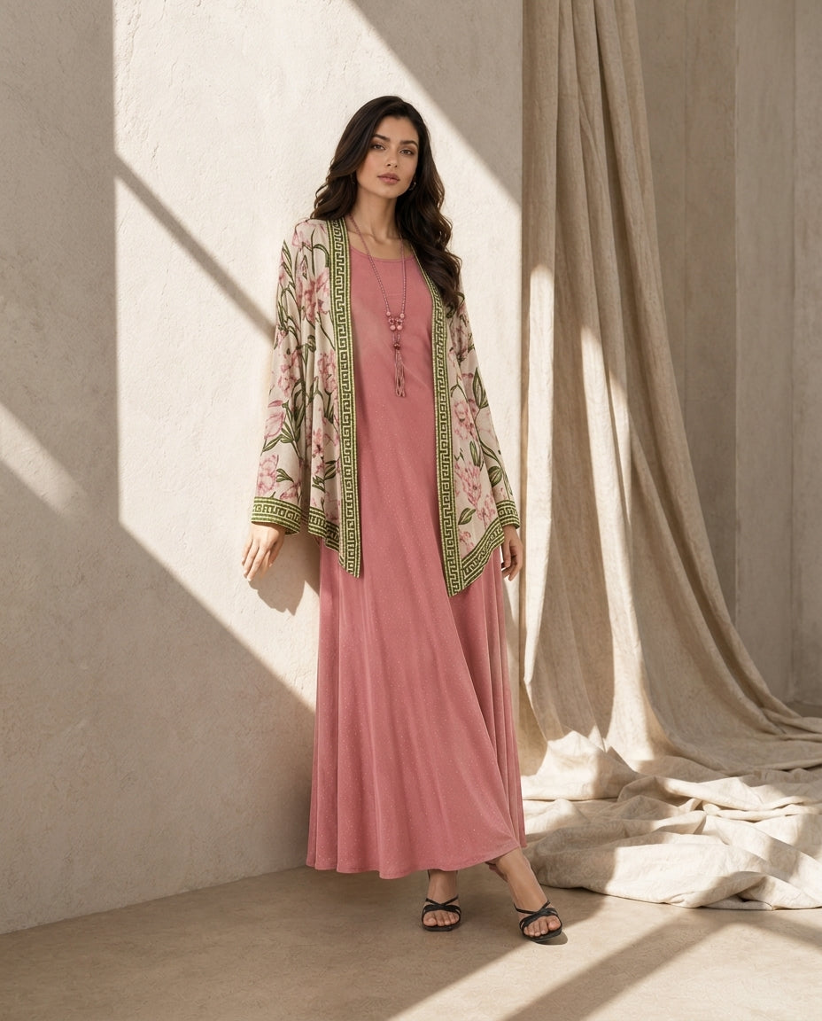 Two Piece Printed Cape With Embellished Inner & Necklace - PINK