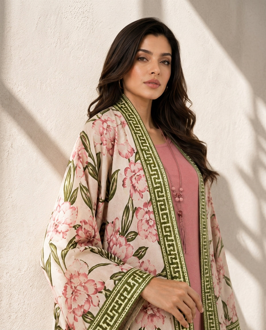 Two Piece Printed Cape With Embellished Inner & Necklace - PINK