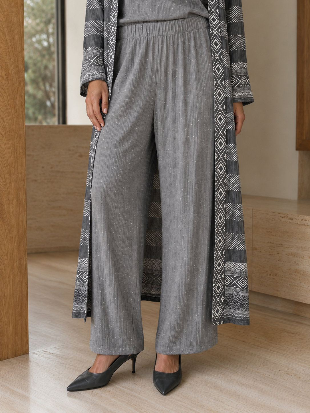 Three-piece -Embellished Shirt, Trouser And Cardigan Set -Grey