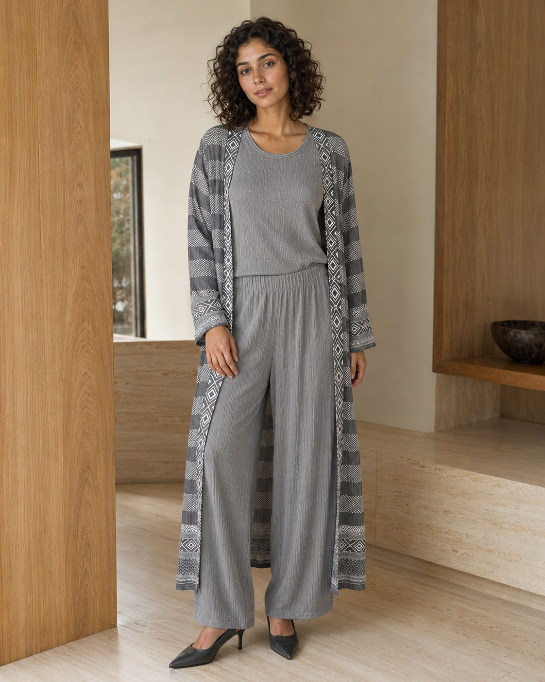 Three-piece -Embellished Shirt, Trouser And Cardigan Set -Grey