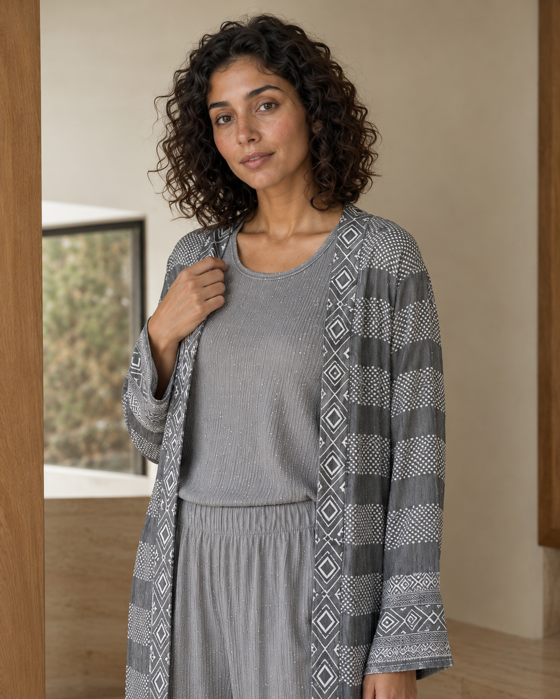 Three-piece -Embellished Shirt, Trouser And Cardigan Set -Grey