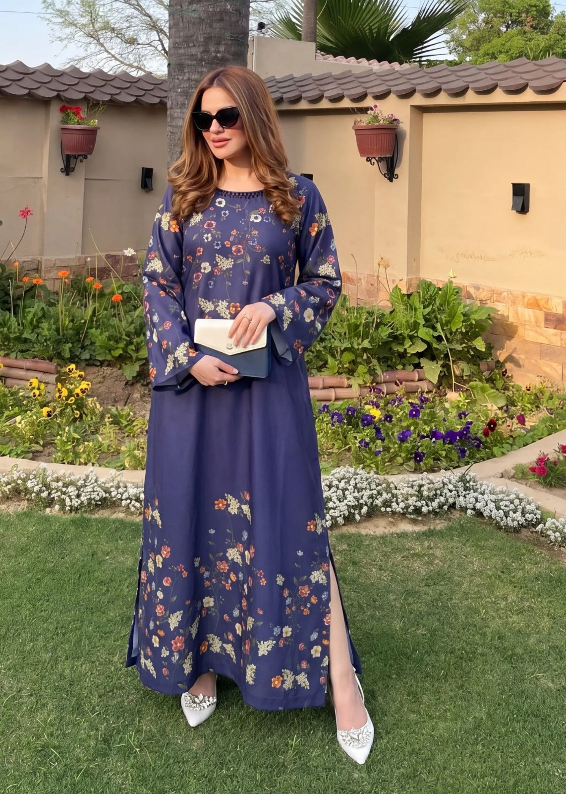 Polysilk Kaftan With Hand Embroidery - Blue