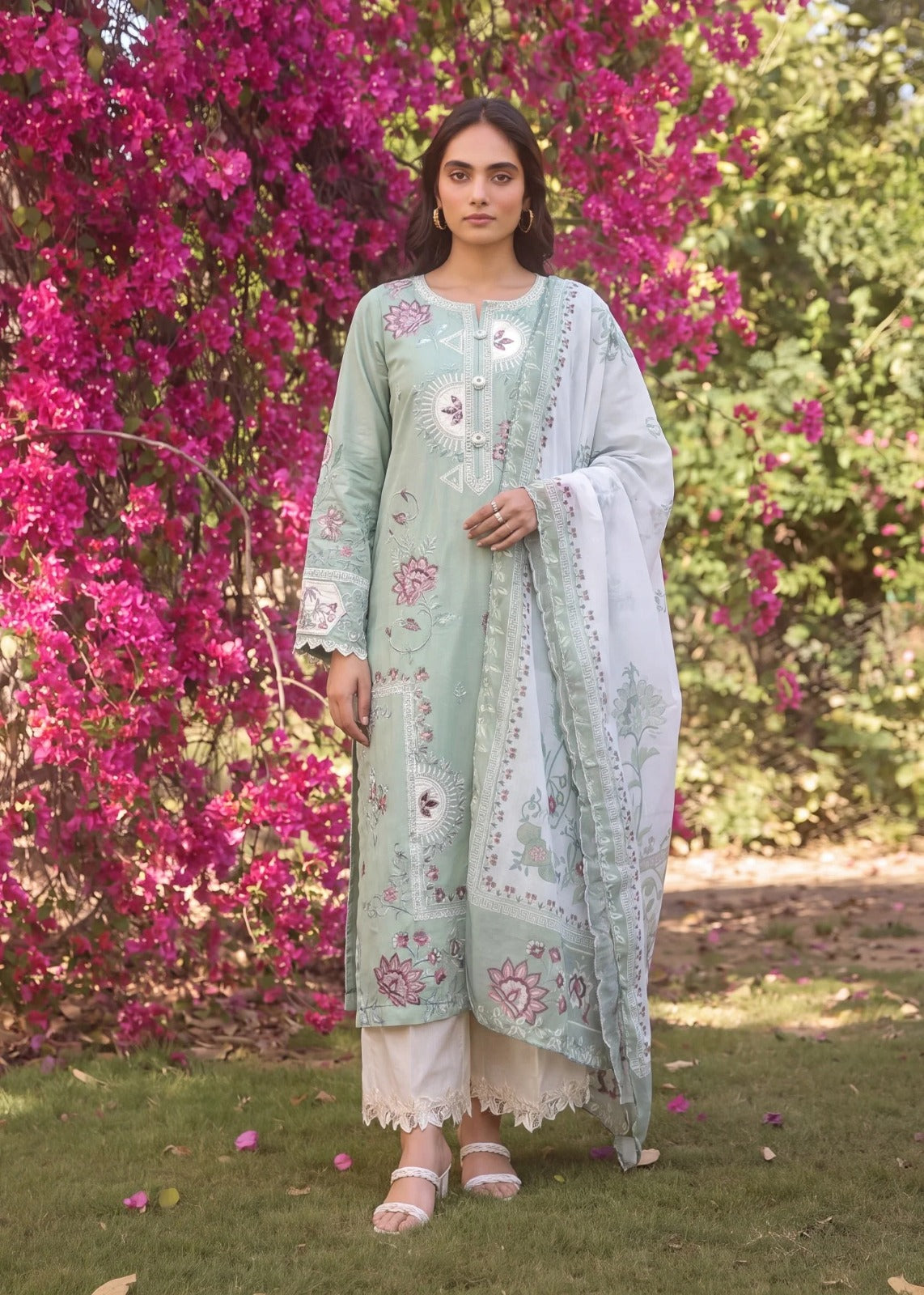 Three Piece Embroidered Lawn Suit - Green