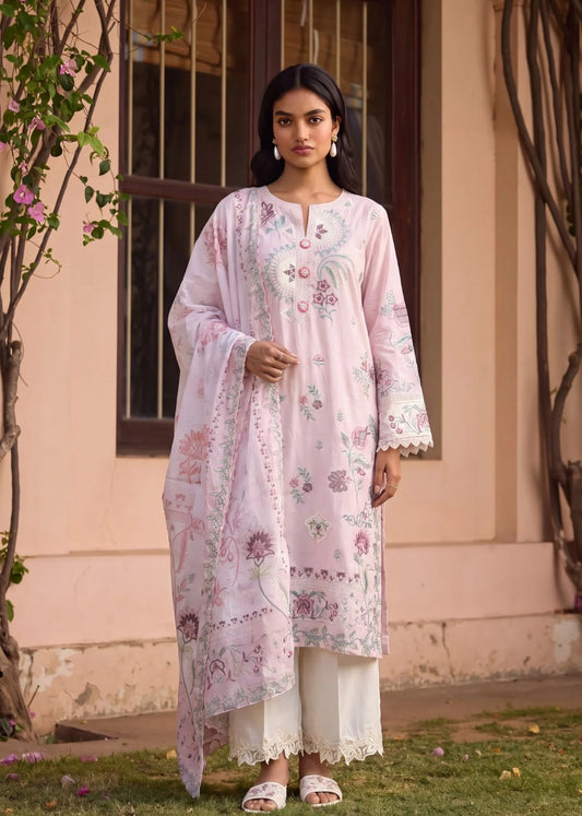 Three Piece Embroidered Lawn Suit - Pink