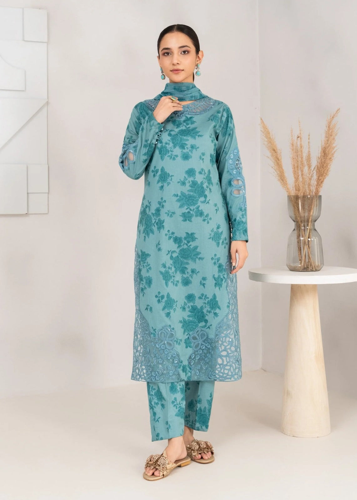 Three Piece Embroidered Lawn Suit - Sea Green