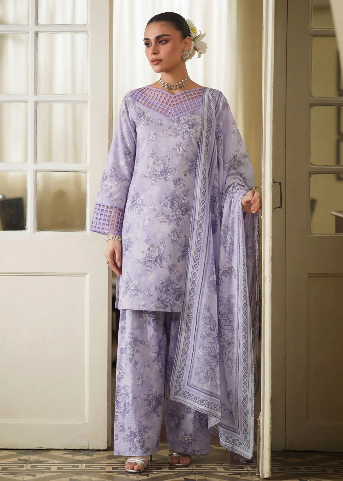 Three Piece Embroidered Lawn Suit - Lilac