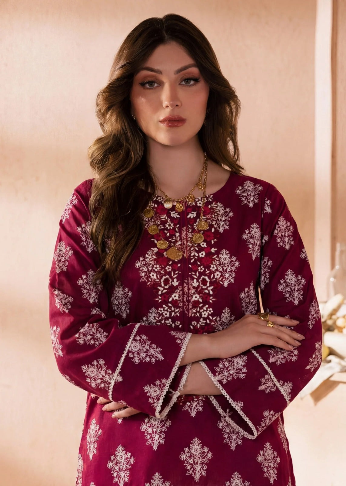 Two Piece Embroidered Lawn Set - Maroon