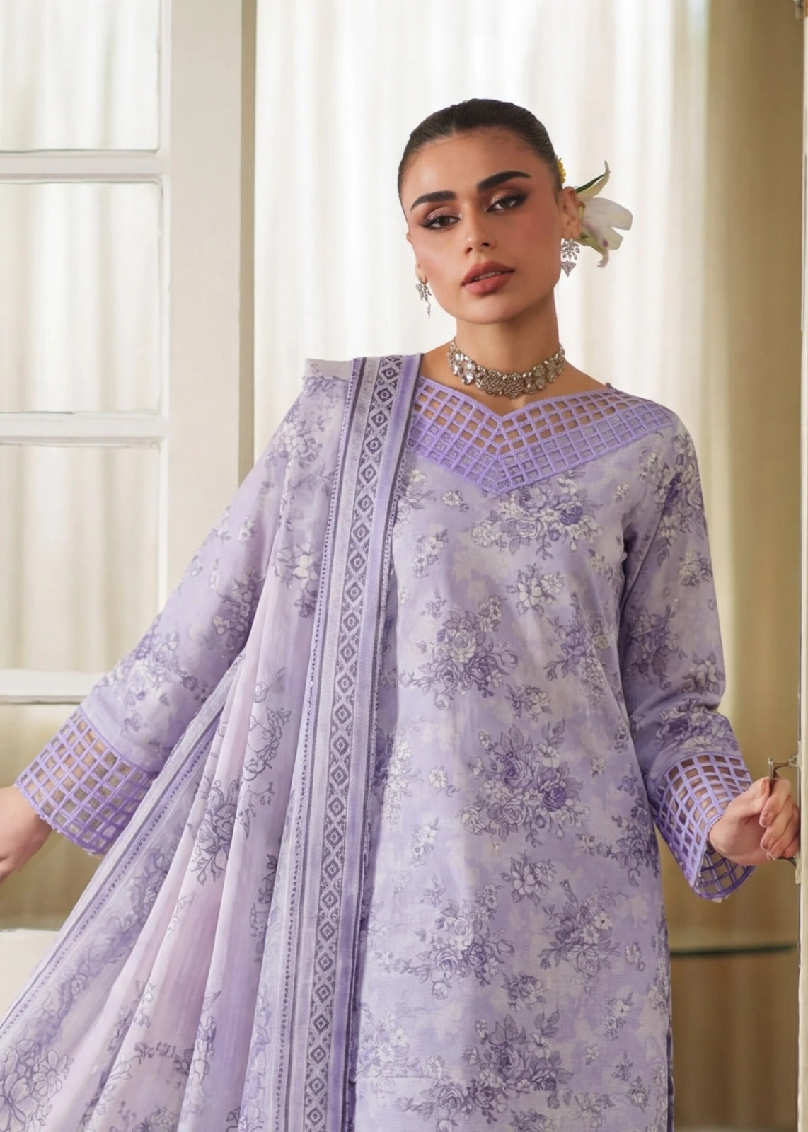Three Piece Embroidered Lawn Suit - Lilac