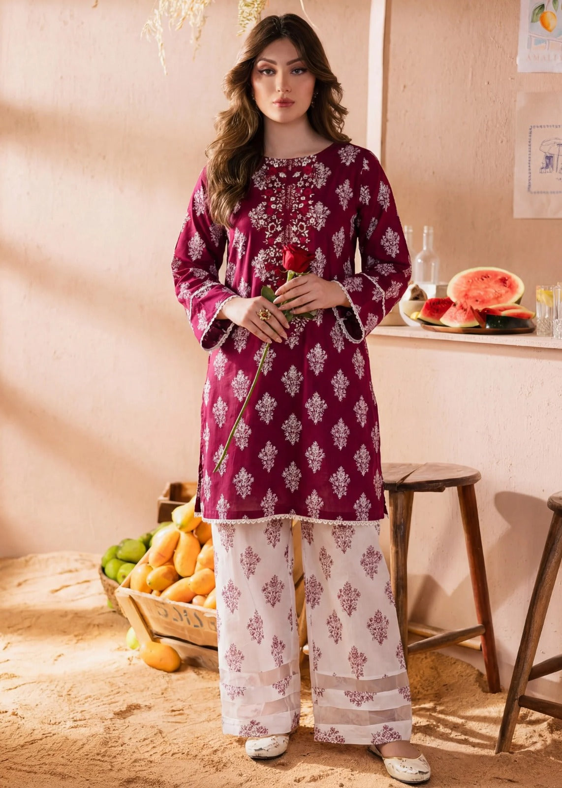 Two Piece Embroidered Lawn Set - Maroon
