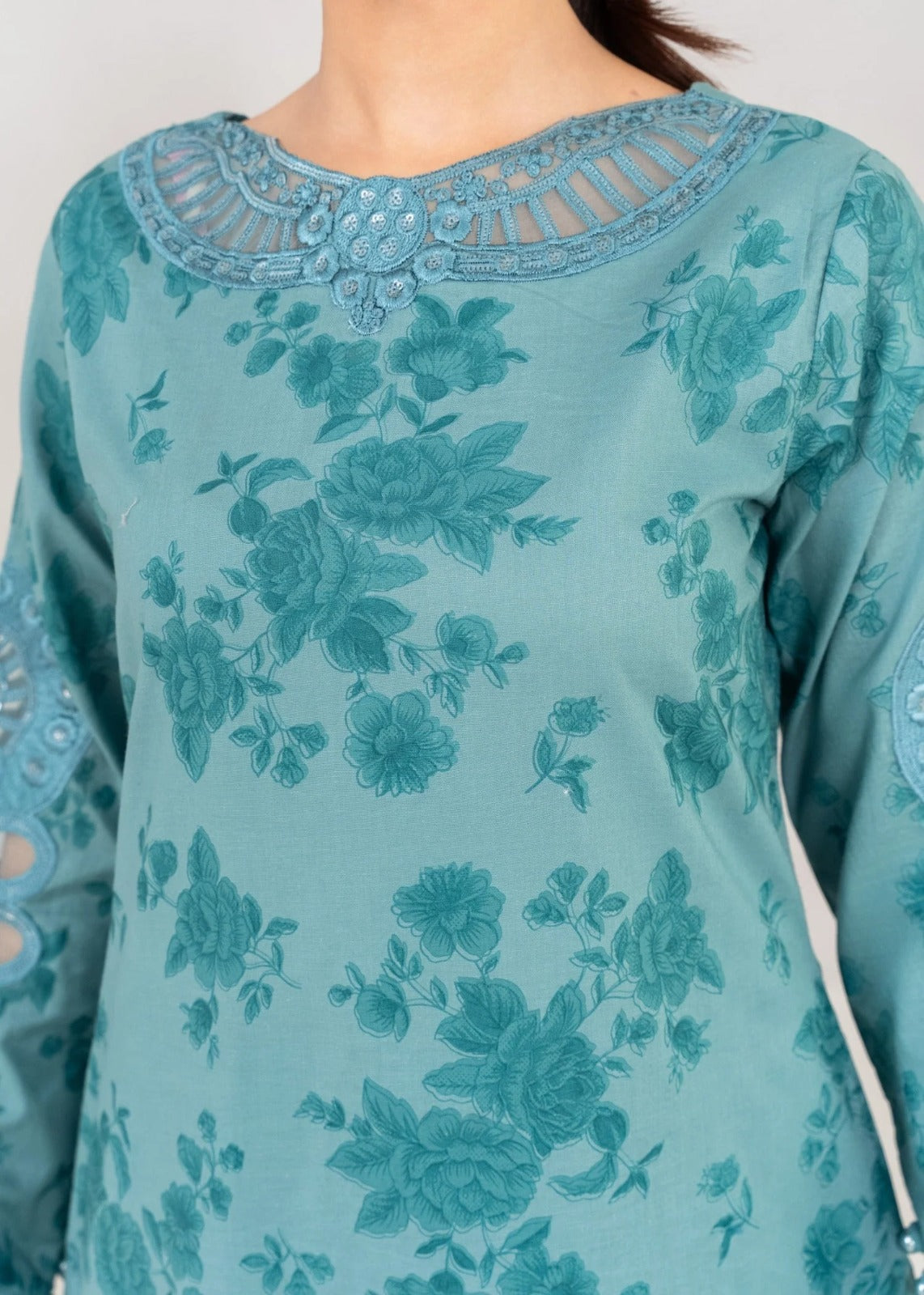 Three Piece Embroidered Lawn Suit - Sea Green