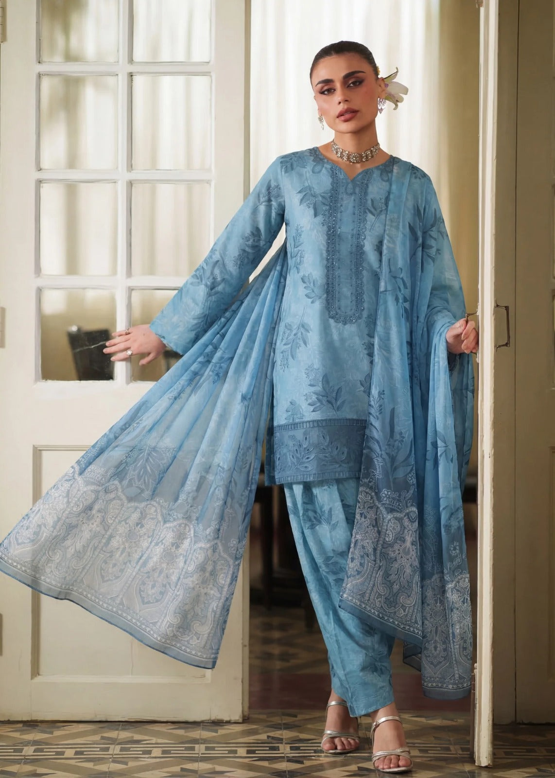 Three Piece Embroidered Lawn Suit - Blue