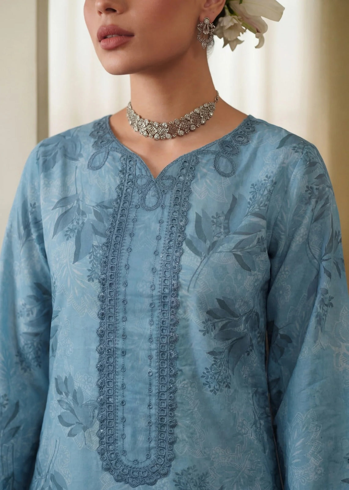 Three Piece Embroidered Lawn Suit - Blue