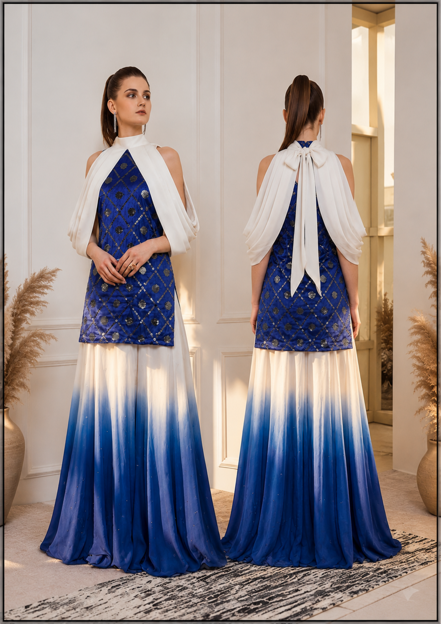 Royal Blue Embellished Top with Draped Bow Cape & Ombré Palazzo Set