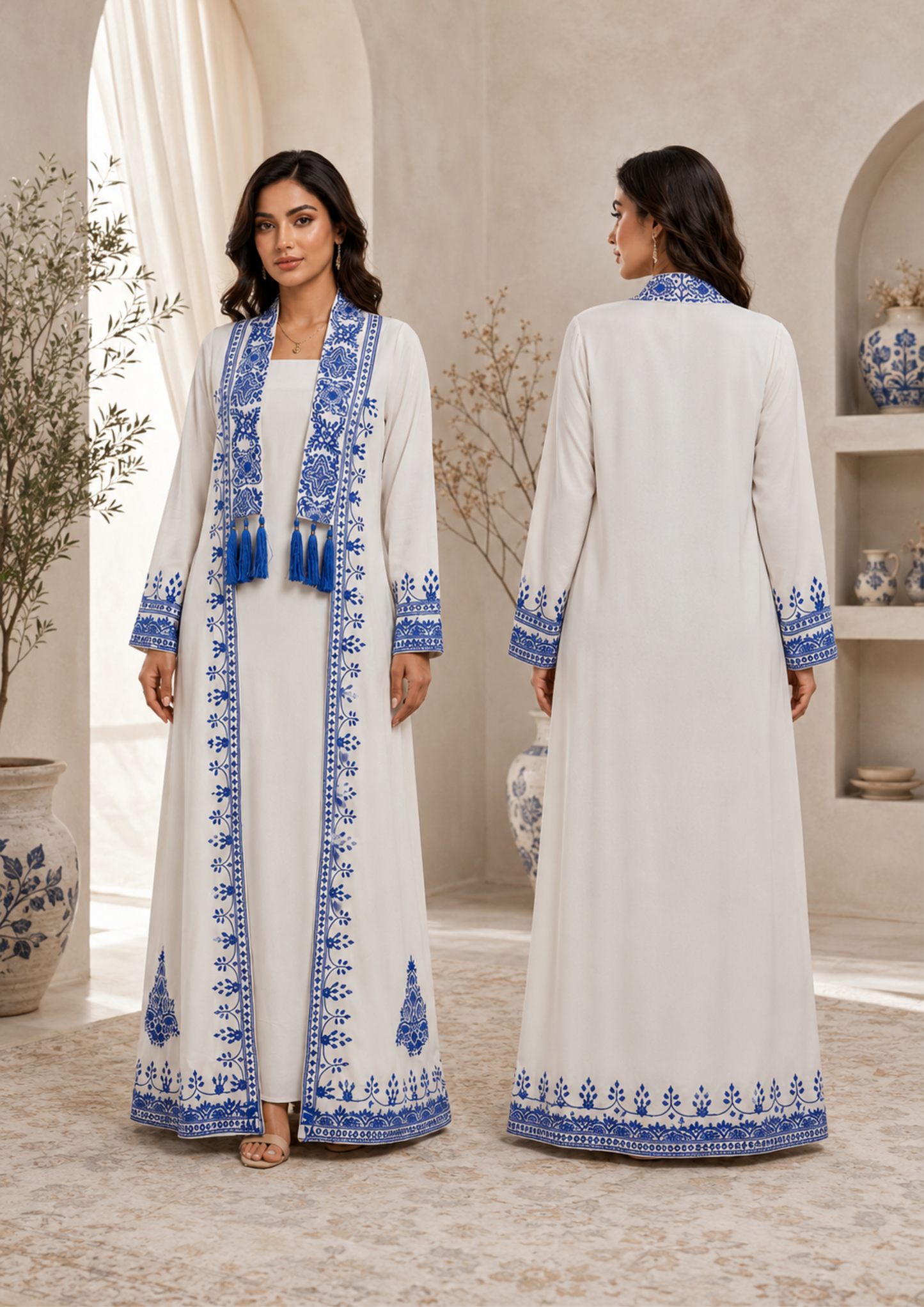 Ivory & Royal Blue Embroidered Georgette 2-Piece Gown Set (Inner & Jacket Gown)