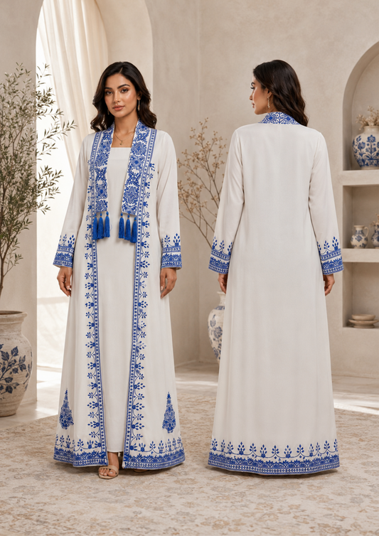 Ivory & Royal Blue Embroidered Georgette 2-Piece Gown Set (Inner & Jacket Gown)