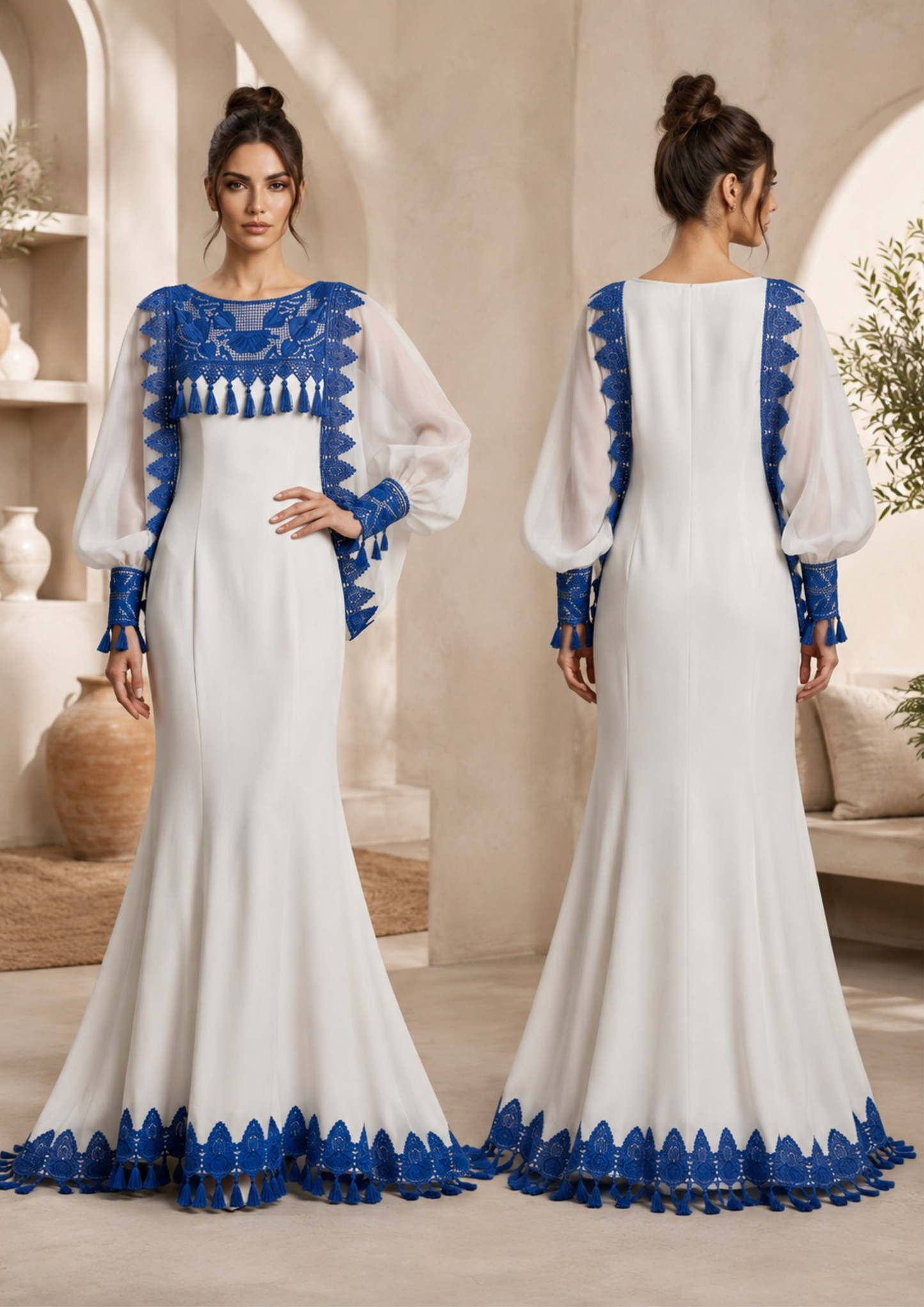 Ivory & Royal Blue Embroidered Georgette Mermaid Gown