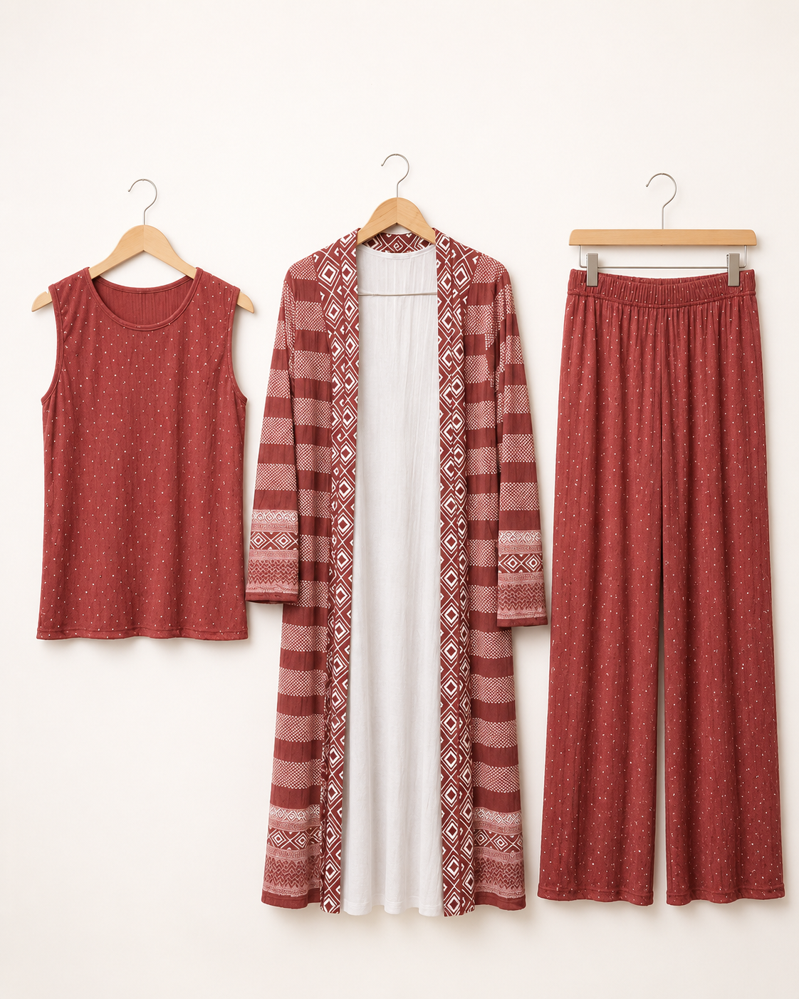 Three-piece -Embellished Shirt, Trouser And Cardigan Set -Maroon